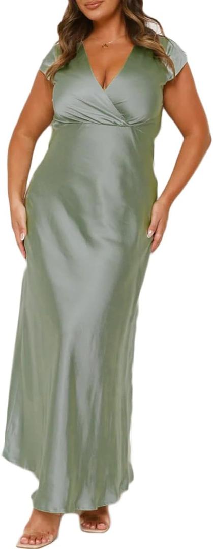 Summer Satin V Neck Wrap Maxi Dress for Women 2026 Elegant Silk Cap Sleeve Wedding Guest Dresses (XS, Sage)