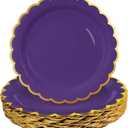 HEIPINIUYE 50 Pieces Purple Paper Plates with Gold Foil 7 Inch Disposable Purple Scalloped Dinner Plates for Wedding Baby Shower Birthday Party Dessert Plate