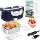 Electric Heated Lunch Boxes Adults: 80W Electric Lunch Box Food Heated 12/24/110V 1.5L Heatable Lunch Box for Car/Truck/Office Leak-Proof Stainless Steel Container, Fork & Spoon, Bag (Blue+White)