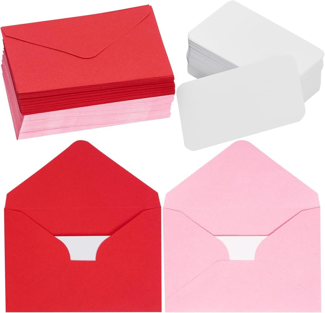 Jiebor 100 Sets Small Valentines Day Blank Cards with Small Envelopes Pink Gift Cards Wedding Invitation Envelopes for Mother's Day 3.14 x 4.52 Inch