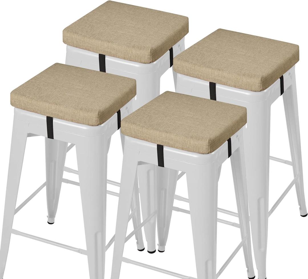 AddGrace Anti-Slip Bar Stool Cushions Square Bar Stool Seat Cushions with Ties Set of 4 Small Square Chair Pads with Machine Washable Cover 12"X12"X2" (Beige)
