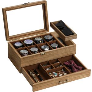 Watch Box with Tray, 2-Tier Watch Case for Large Dial Watches, 8-Slot Watch Display Case with Lid, Removable Watch Pillows, Drawer, Gifts for Men Women, Watch Organizer, Jewelry Box, Walnut