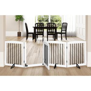 PUPETPO Freestanding Dog Gate with Door, Pet Gate for Stairs, 80 inch Wide Pet Barrier Indoor, Dog Fences Indoor, Support Feet Included, 4 Panels, 24" Tall, White & Black