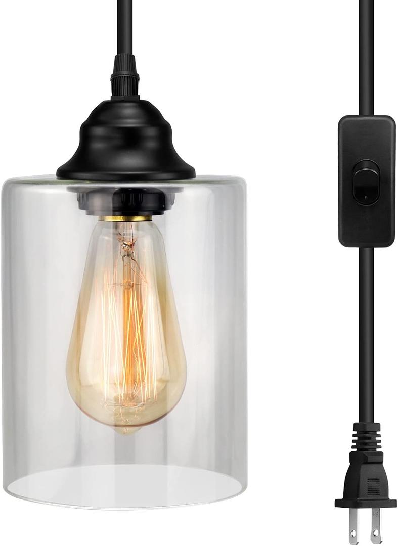 Plug in Pendant Glass Hanging Light, Industrial Mini Pendant Lighting with Glass Shade, Adjustable Farmhouse Hanging Lamp with Plug in Cord, Black Pendant Lighting for Kitchen Island