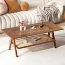 Mid Century Modern Coffee Table with Glass Top and Rattan Storage Shelf, Rectangular Walnut Wooden Coffee Table, Unique Center Tables for Living Room Apartment Home, 47.2 Inch, 42.7 x 23.6 x 17.5 inches
