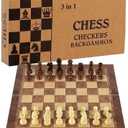 Chess Set,Folding Storage Wooden Chess Board Sets,15" Wooden Chess,3 in 1 Chess Board Game for Adults and Kids (Chess, Backgammon, Checkers)