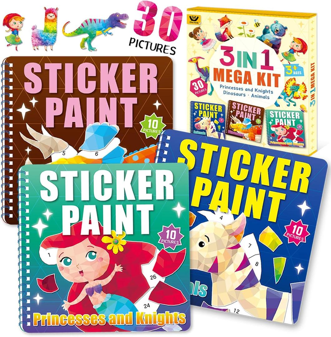 Elite Panda 3PCS Sticker Paint Books for Kids Ages 4-8, Mermaid, Dinosaur, Prince Themes, 30 Pictures, Sticker by Number Arts & Crafts Set, Birthday Christmas Gifts for Girls Boys