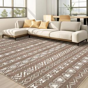 kakania 9x12 Washable Area Rug: Non Slip Soft Thin Carpet, Boho Geometric Modern Decor, Easy Clean Indoor Floor Large Rugs for Living Room Bedroom Kids Dorm Office Dining - Dark Brown
