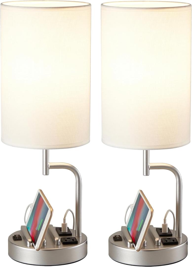 Dreamholder Table Lamp with 3 USB Charging Ports, Modern Desk Lamp with AC Outlet and Phone Stands, Perfect Bedside Lamp for Bedroom, Living Room, Office (Pack of 2), Silver