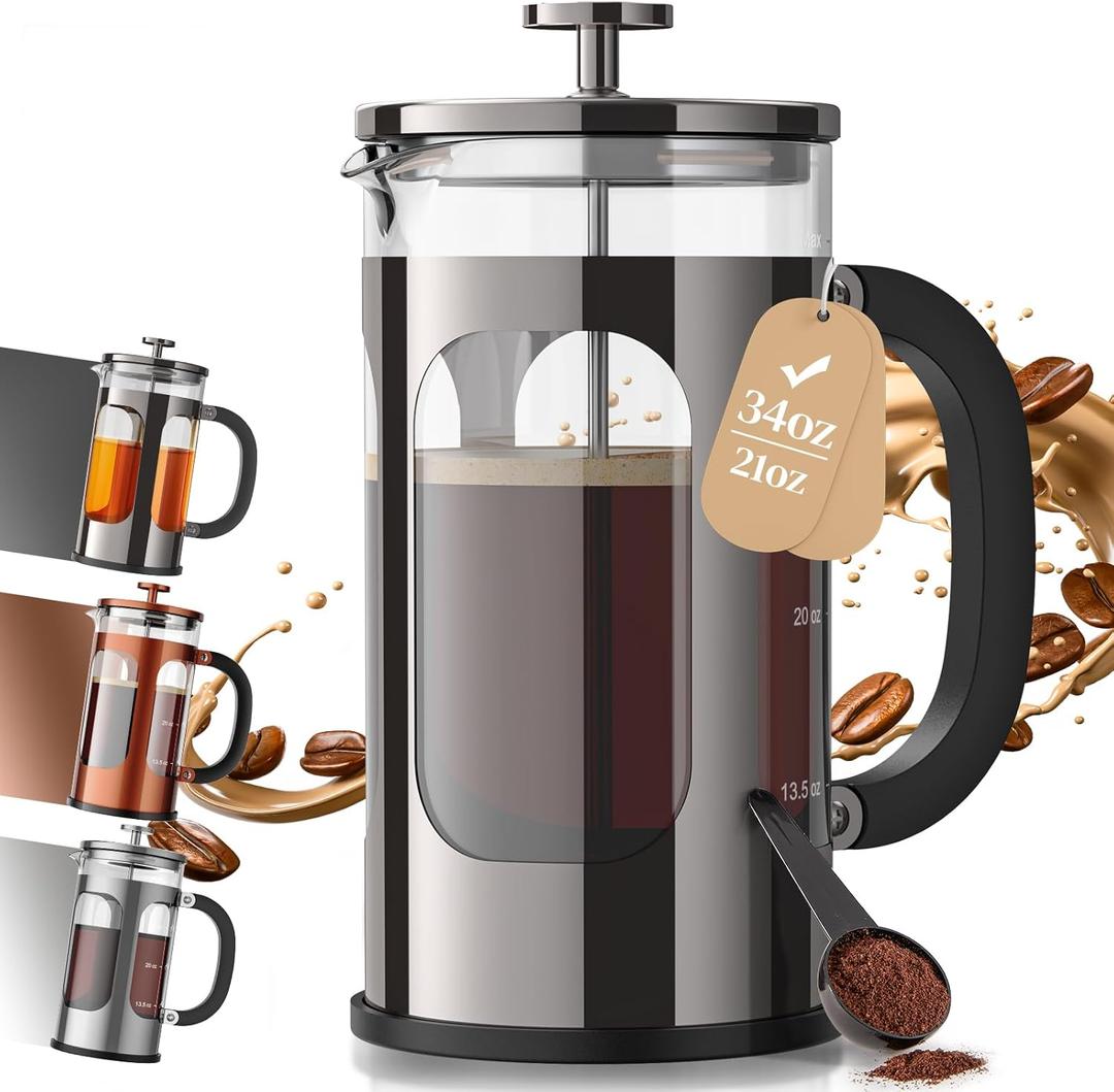 Veken French Press Coffee Maker 34oz, No Plastic Touching Cafe, Thickened Glass Stainless Steel Brewer, Cold Brew Cafetera Tea pot for Kitchen Travel Camping, Gifts, Decor, Bar Accessories, Dark Pewter