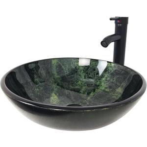 Vessel Sink 16.5" Bathroom Sinks Tempered Glass Green Art Basin Round Bowl with Faucet Combo Green,Countertop Bowl Sink for Lavatory Vanity Cabinet