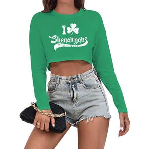 Women's St. Patrick's Day Crop Top St. Paddy's Day Shirt Irish Shirts Shamrock Graphic Long Sleeve Crop Tops for Teen Girls (X-Large, La-green-6)