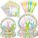 96 Pieces Easter Tableware Set Bunny Egg Disposable Plates, Napkins, and Forks with Happy Easter and Spring Designs for Holiday Dinners, Parties, and Spring Celebrations Serves 24
