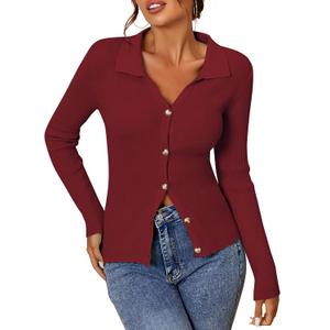 ZAFUL Women Long Sleeve Polo Sweater V Neck Button Down Ribbed Knit Cardigan Top (Red, XL)