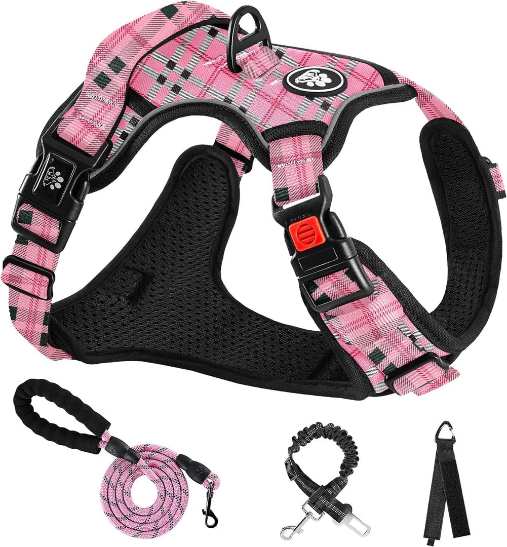 NESTROAD No Pull Dog Harness with Leash, Reflective No Choke Pet Vest Harness,Adjustable Soft Padded Dog Harness with Easy Control Handle for Medium Dogs(Checkered Pink,Medium) (Mneck 13-17" chest 17-25", Checkered Pink)