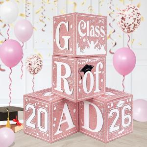 Pink Graduation Decorations Class of 2026 Graduation Boxes Pink White Congrats Grad Balloon Boxes for High School College Grad Party Supplies (Pink White