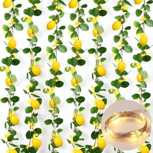 6 Pcs 5.74 ft Artificial Lemon Garland Lemon Vine Garland with Greenery Fake Fruit Party Decoration with Battery Powered Light for Home Door Wall Mantel Wedding Kitchen Table (Stylish Style)