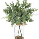 Briful 14.2" Artificial Eucalyptus Stem in Glass Vase with Faux Water  Small Fake Plant with Decorative Stones  Eucalyptus Leaves Artificial White Seeds Decor for Indoor Tabletop Shelf Office