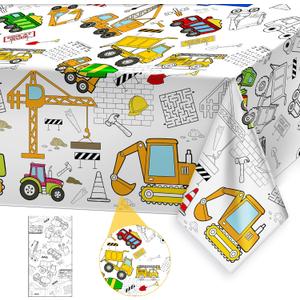 Giant Construction Party Coloring Tablecloth for Kids - Huge Construction Theme Table Cover Large Dump Truck Vehicle Painting Poster for Children Birthday Party Supplies 54x108 Inch