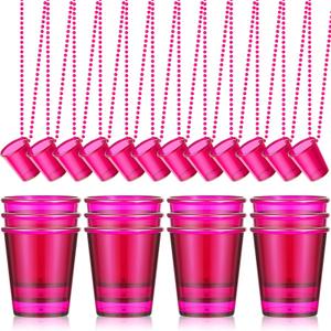 24 Pieces Shot Glass on Beaded Necklace Plastic Shot Cup Necklace Bachelorette Party Team Men and Women Supplies (Rose Red)