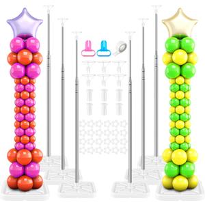Sratte 6 Sets Balloon Column Stand Kit, 6.6 ft Adjustable Balloon Tower Pillar Telescopic Balloons Stand for Floor with Reusable Metal Pole and Base for Wedding Baby Shower Birthday Party Decoration