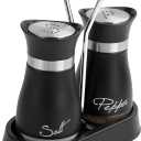 2 PCS - Stainless Steel and Glass Salt and Pepper Shaker Sets with Holder (BLACK)