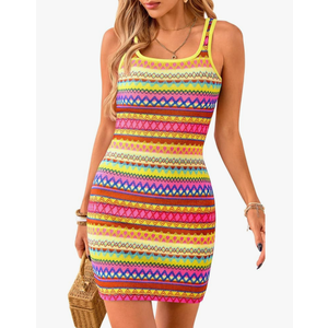 PRETTYGARDEN Womens 2025 Summer Mini Dresses Square Neck Sleeveless Tank Bodycon Striped Boho Sundresses Beach Vacation Clothes (S)