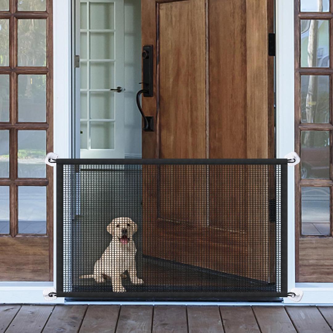Mesh Dog Gates for Pets, Magic Pet Gate for The House, Portable Puppy Safety Fence Guard for Stairs and Doorways, Easy Install Anywhere, 70" W x 30" H, 8 Hooks