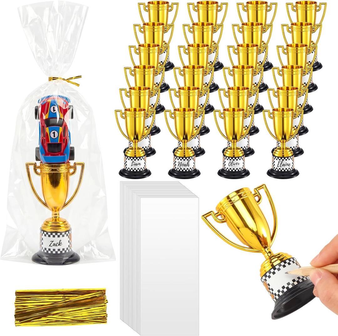 Novabright 24 Set Mini Trophies Bulk Race Car Party Favor Gifts Checkered 3.7 Inch Plastic Gold Trophies Cups for Racing Car Theme Birthday Party Supplies Gifts Rewards Sports Tournament Winning Prize
