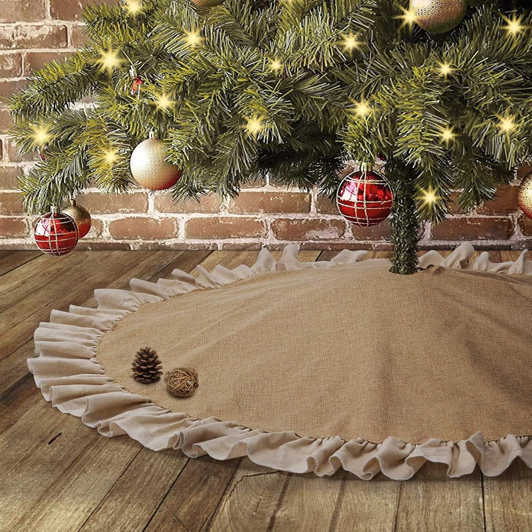 Burlap Christmas Tree Skirt 48'', Large Fall Tree Skirt with Ruffle Border, Rustic Farmhouse Christmas Decorations Ornaments, Brown Linen Tree Mat for Autumn Thanksgiving Country Home Decor