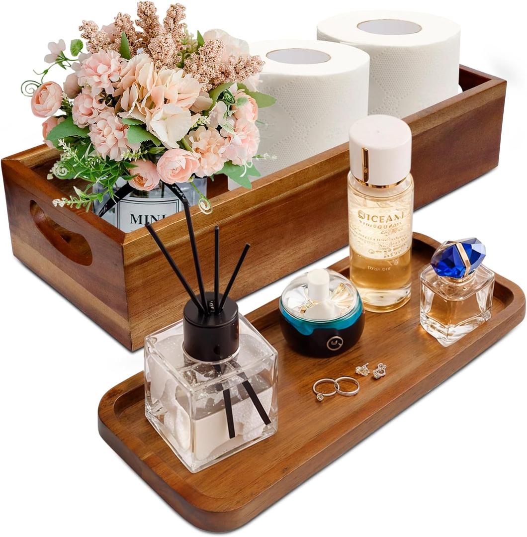 Handmade Toilet Tank Basket Topper & Vanity Tray Set of Natural Acacia Wood by DEMIGO, Created by Skilled Artisans, Smooth, Durable, Attractive Decor for Bathroom, Kitchen, Home, Spa (Brown)