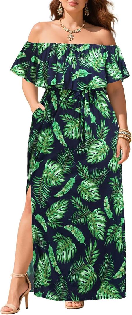 Plus Size Off The Shoulder Maxi Long Casual Beach Dress Pockets Women, 18W