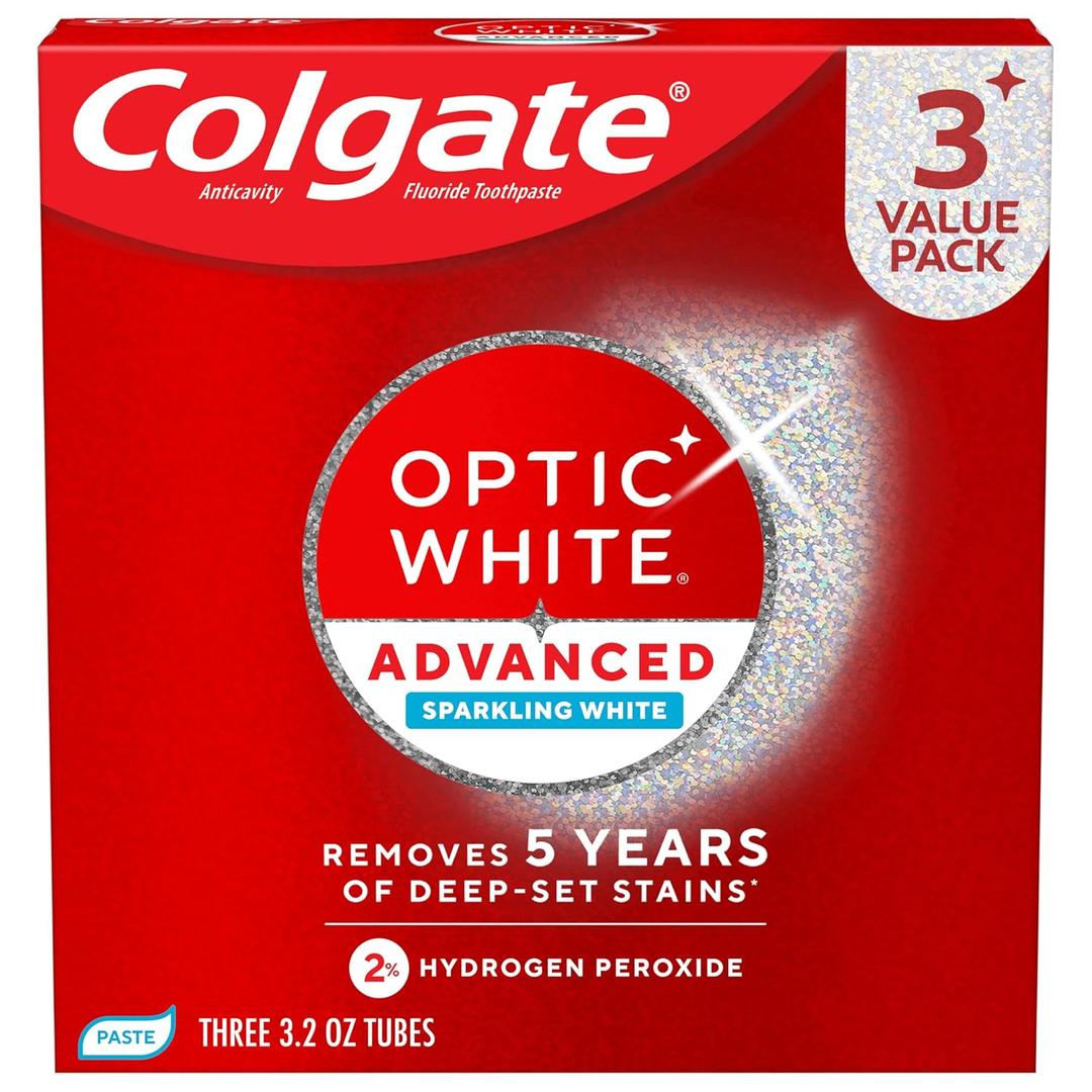Colgate Optic White Advanced Hydrogen Peroxide Toothpaste, Teeth Whitening Toothpaste Pack, Enamel-Safe Formula, Helps Remove Tea, Coffee, and Wine Stains, Sparkling White, 3 Pack, 3.2 oz (9.6 Ounce (Pack of 1))