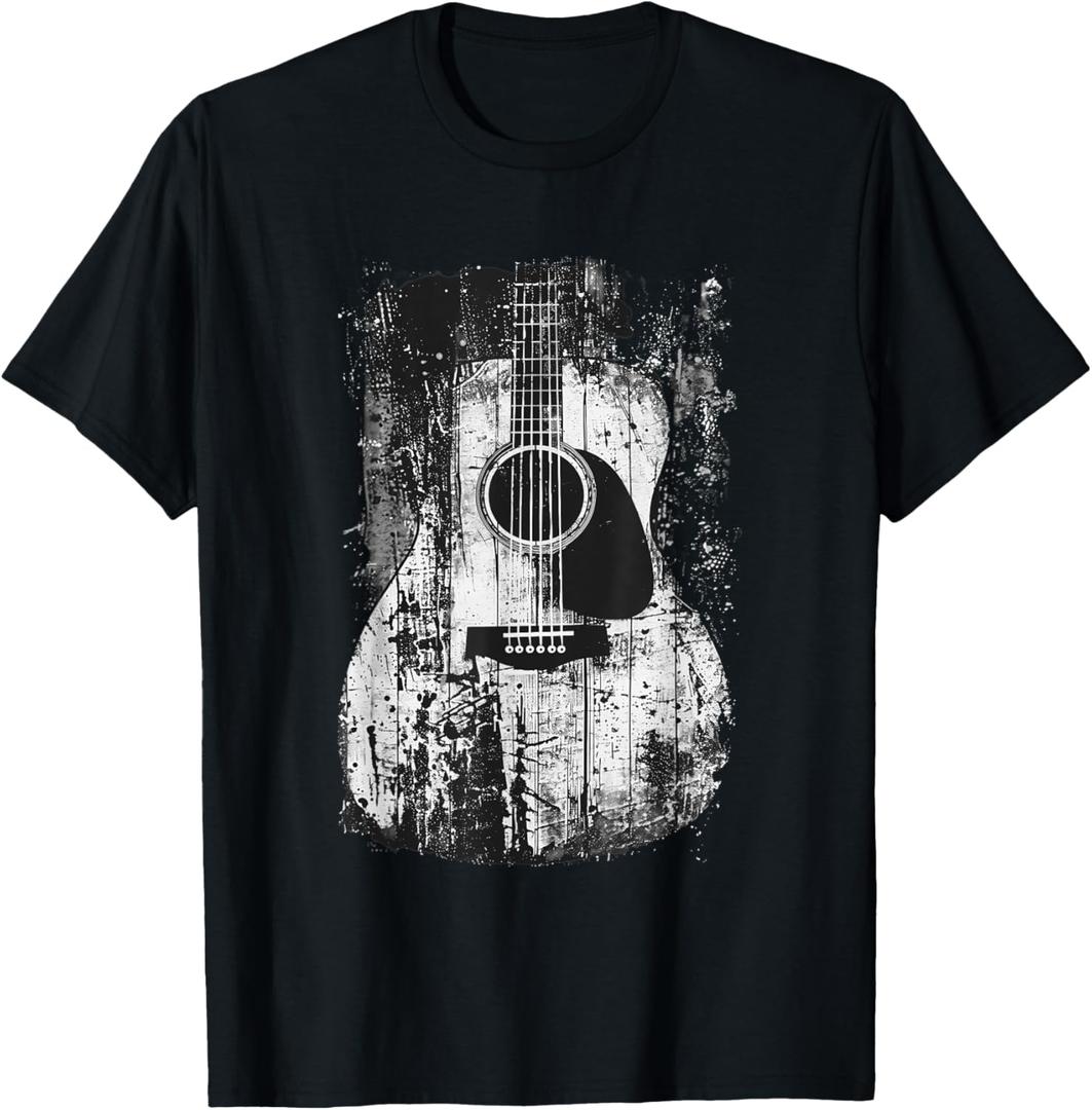 Acoustic Guitar, Vintage, Distressed, Rock & Roll Music. T-Shirt (Small, Black)