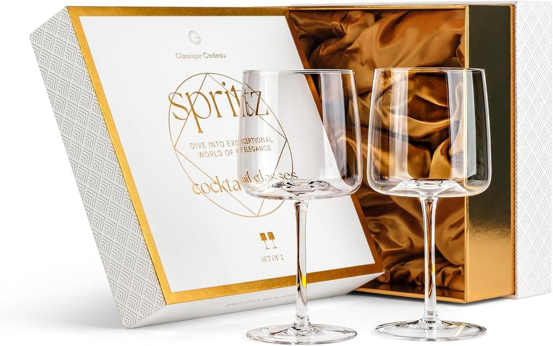 GLASSIQUE CADEAU Crystal Aperol Spritz Cocktail Glasses | Set of 2 | 15 oz Long Stemmed Goblets for Drinking Limoncello, Campari and Hugo Spritz | Elegant Glassware for Spritzer Drinks