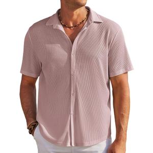 COOFANDY Men's Casual Shirts Short Sleeve Waffle Knit Button Down Shirt Wrinkle Free Summer Beach Tops (Pink, M)