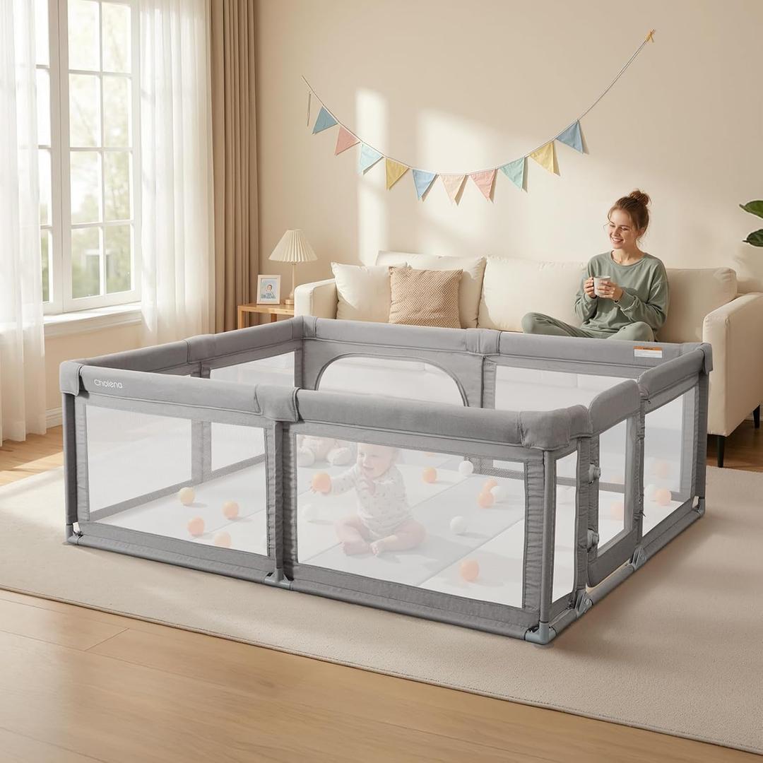Baby Playpen for Babies and Toddlers, 59 x 79in Large Playpen with Double Door, Full Steel Frame & Oxford Fabric, 0-24 Months Safe Play Area for Infant and New Parents(Khaki)