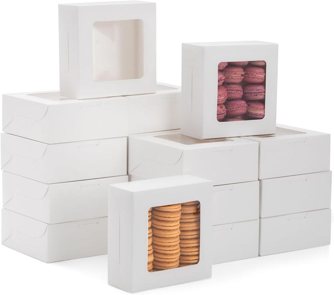 Juvale Bakery Boxes with Window - 6 x 6 x 2.5 in, White, 50 Count - Bulk Pastry & Dessert Boxes To Go & Treat Containers for Cupcakes, Cookies & Pastries