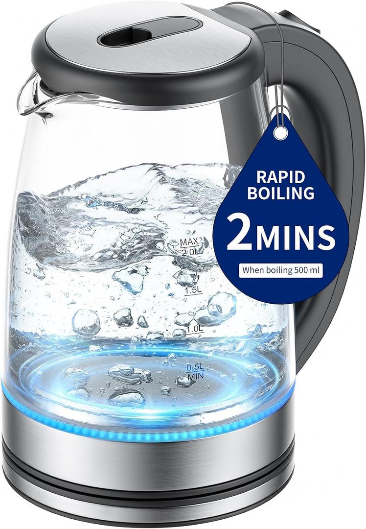 Electric Kettle Glass 2L, 1500W Fast Boiling Hot Water Boiler with Auto Shut-Off, LED Light, BPA-Free, Borosilicate Glass, Stainless Steel Interior, Wide Opening, Display Refrigerator with Door 04