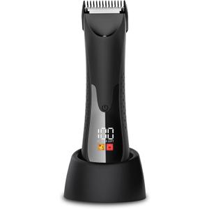 Groin Hair Trimmer - Electric Manscape Trimmer for Men, Waterproof Ball Trimmer for Pubic/Body/Groin Grooming with Ceramic Blade, LED Light, Charging Base (Black)