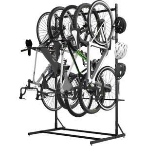 Bknius 52" Wide Floor Bike Rack Garage Free Standing with 5 Hooks, Vertical Bike Stand Bicycle Storage, Bike Hangers for Garage Indoor Use for 5 Bicycles, Thick Metal Black Floor Mount