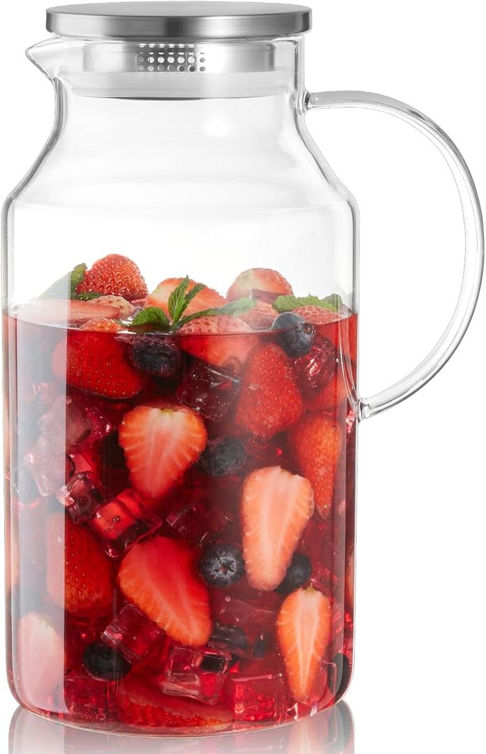 1 Gallon Glass Pitcher with Lid and Handle, Glass Water Carafe for Hot/Cold Water, Large Jug for Iced Tea, Coffee, Juice and Homemade Beverage (Clear)