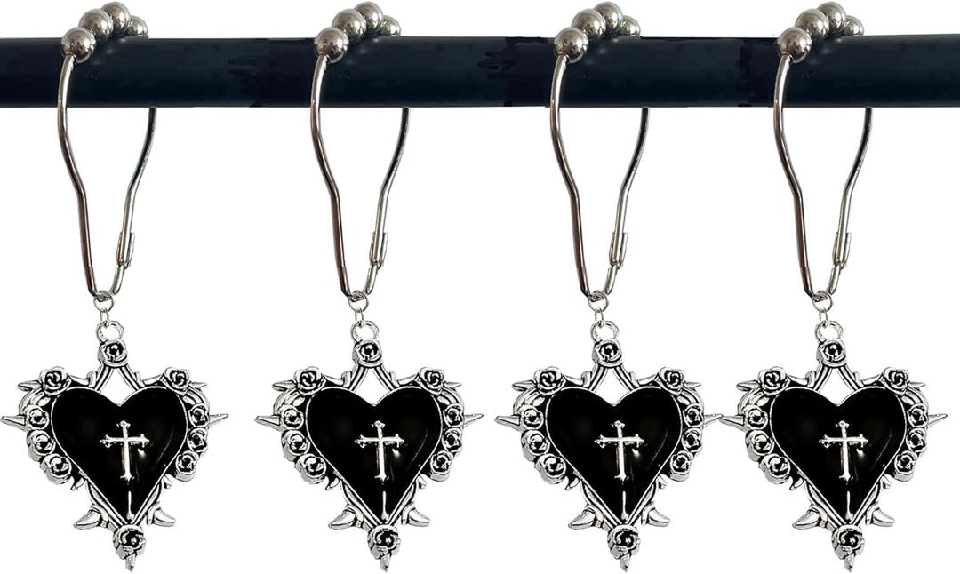 Halloween Shower Curtain Hooks, 12Pcs Black Heart Thorny Rose Cross Rustproof Decorative Shower Rings for Vintage Gothic Style Bathroom Decor