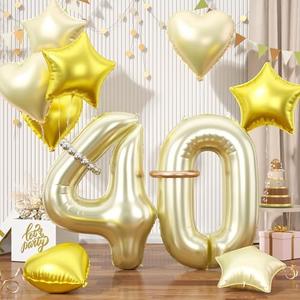 Champagne Gold Number 40 Balloons, 40 Light Gold Balloons, Number 40 Balloons Set, Gold Foil Star Heart Balloon With Long Balloon For 40th Birthday Party Anniversary 1st 4th Baby Shower Decorations, Pack Of 2