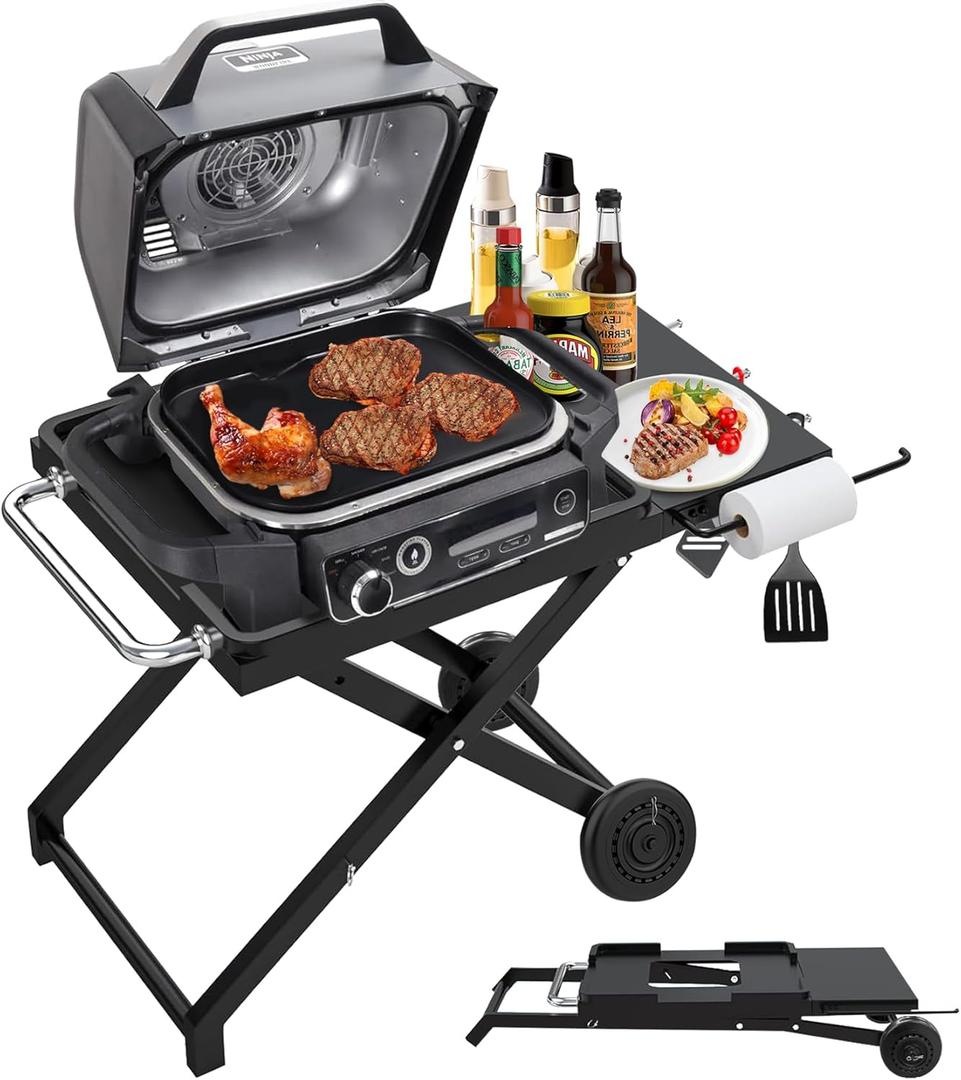 Collapsible Grill Stand for Ninja Woodfire Outdoor Grill OG700/800/900 Series & OO101 Outdoor Pizza Oven Stand, Foldable Grill Cart for Blackstone 17/22 Griddle Stand, with Wheels & Side Table (18.5"D x 35"W x 29"H)