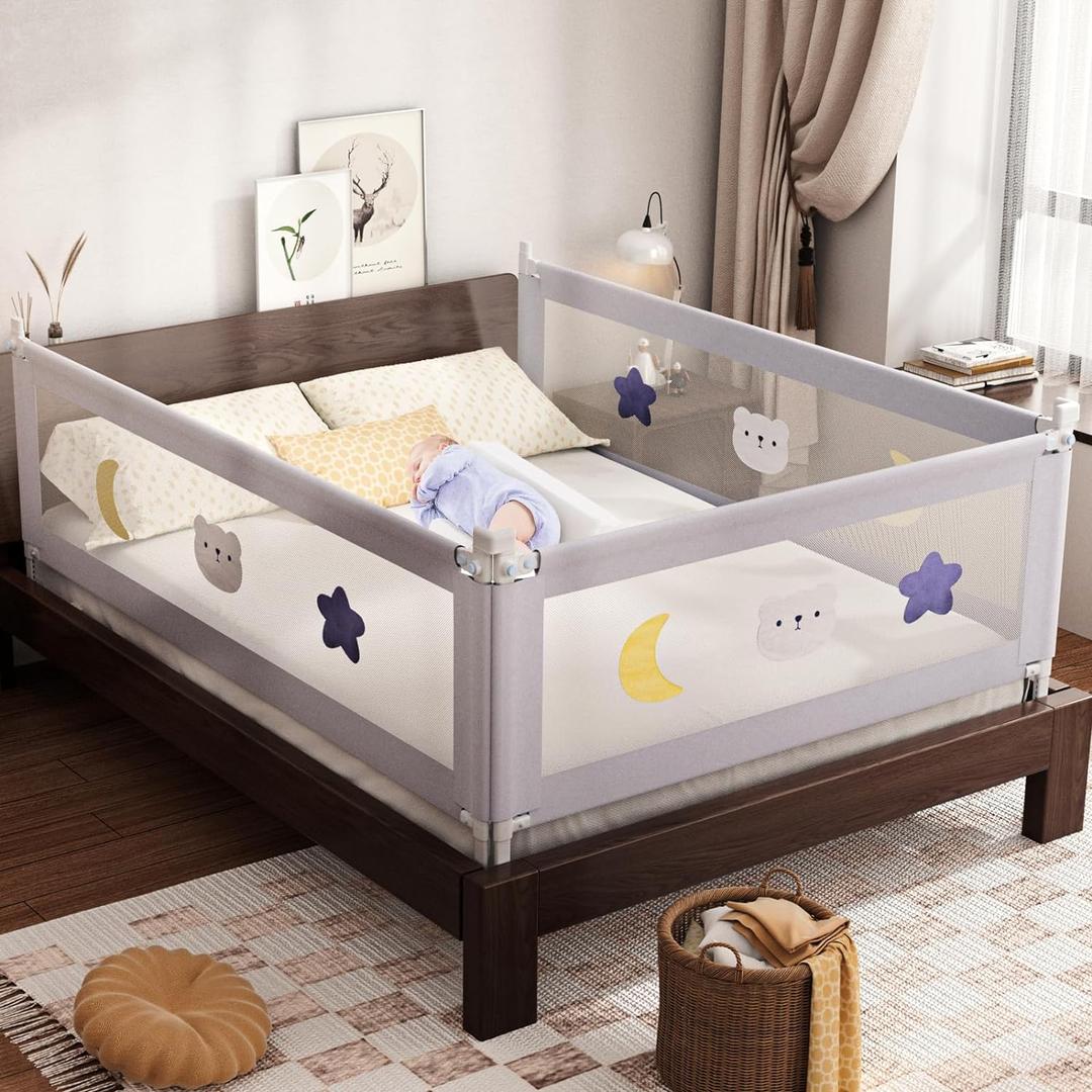 omzer Bed Rail for Toddlers - (3 Pack) Toddler Bed Rails with Double Child Lock, Bed Rail for Baby Kids with Pattern, Infants Height Adjustment Guardrail for King Size Bed - 3 Pack, 78.7x78.7x74.8, Gray