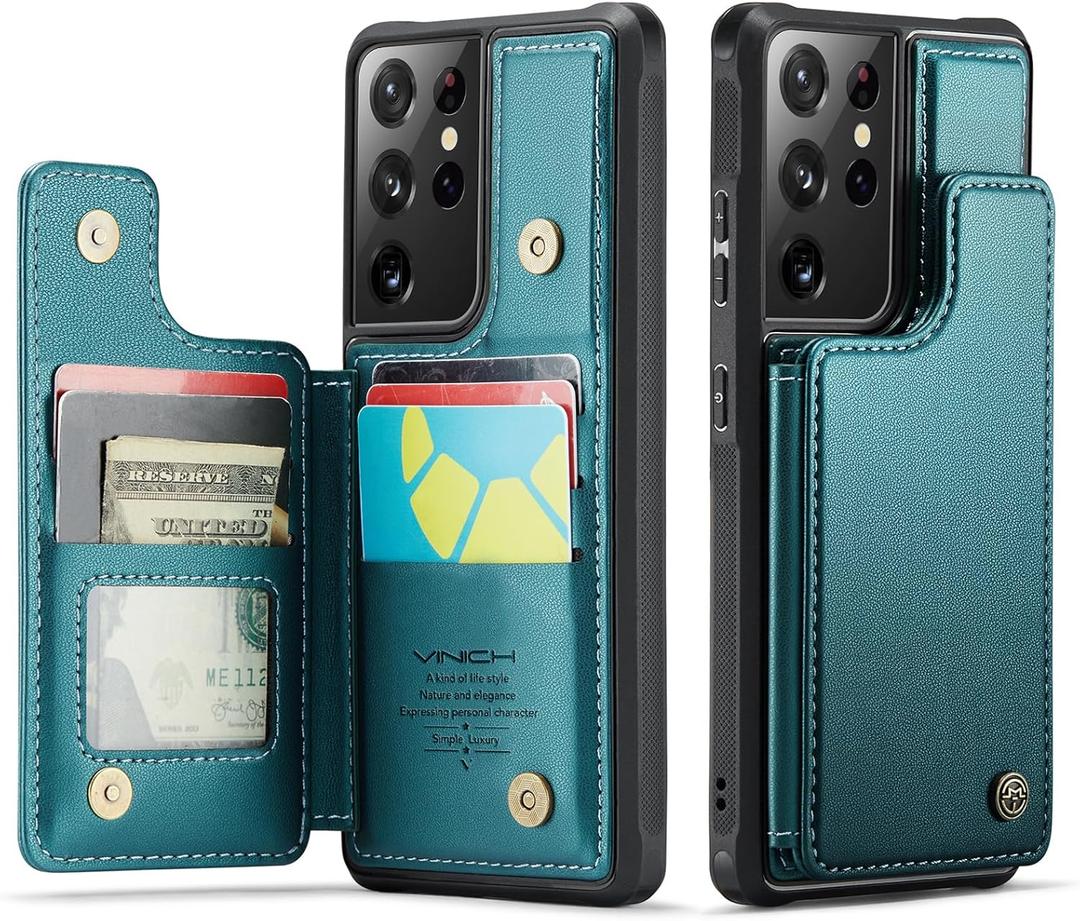 Vinich for Samsung Galaxy S21 Ultra Wallet Case with Card Holder, RFID Blocking Credit Slots Kickstand Shockproof Phone Cover for Women Men, Bluish Green