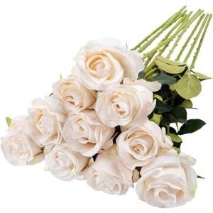 Nubry Artificial Silk Rose Flower Single Stem Lifelike Vintage Fake Rose for Wedding Bouquet Floral Arrangements Home Party Centerpiece Decoration, 10pcs (Vintage Ivory)