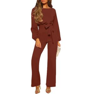 Bbkkuck Women's Dressy Jumpsuit Fall One Piece Long Sleeve Belt Pockets Wide Leg Pants Romper Business Casual Outfits (S)