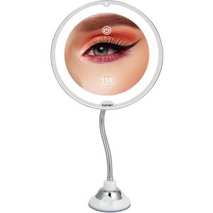 Flexible 15X Magnifying Suction Mirror - Dimmable LED Vanity Mirror, Power Suction Cup, Portable for Home Bathroom - Ideal for Detailed Makeup Eyeshadow Eyeliner (Large)